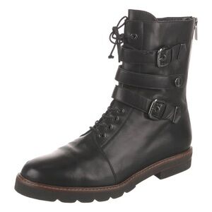 Women’s Black Leather Buckle & Lace-Up Combat Boots